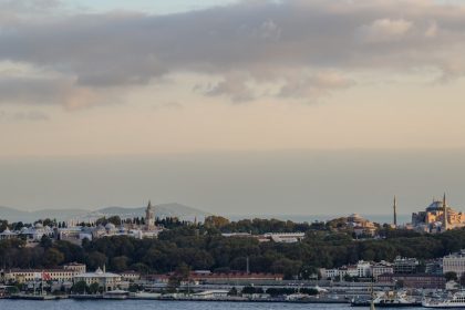 City skyline with historic buildings and a cloudy sky