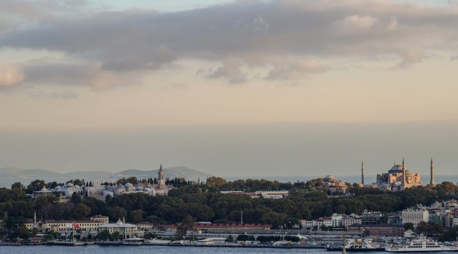 City skyline with historic buildings and a cloudy sky